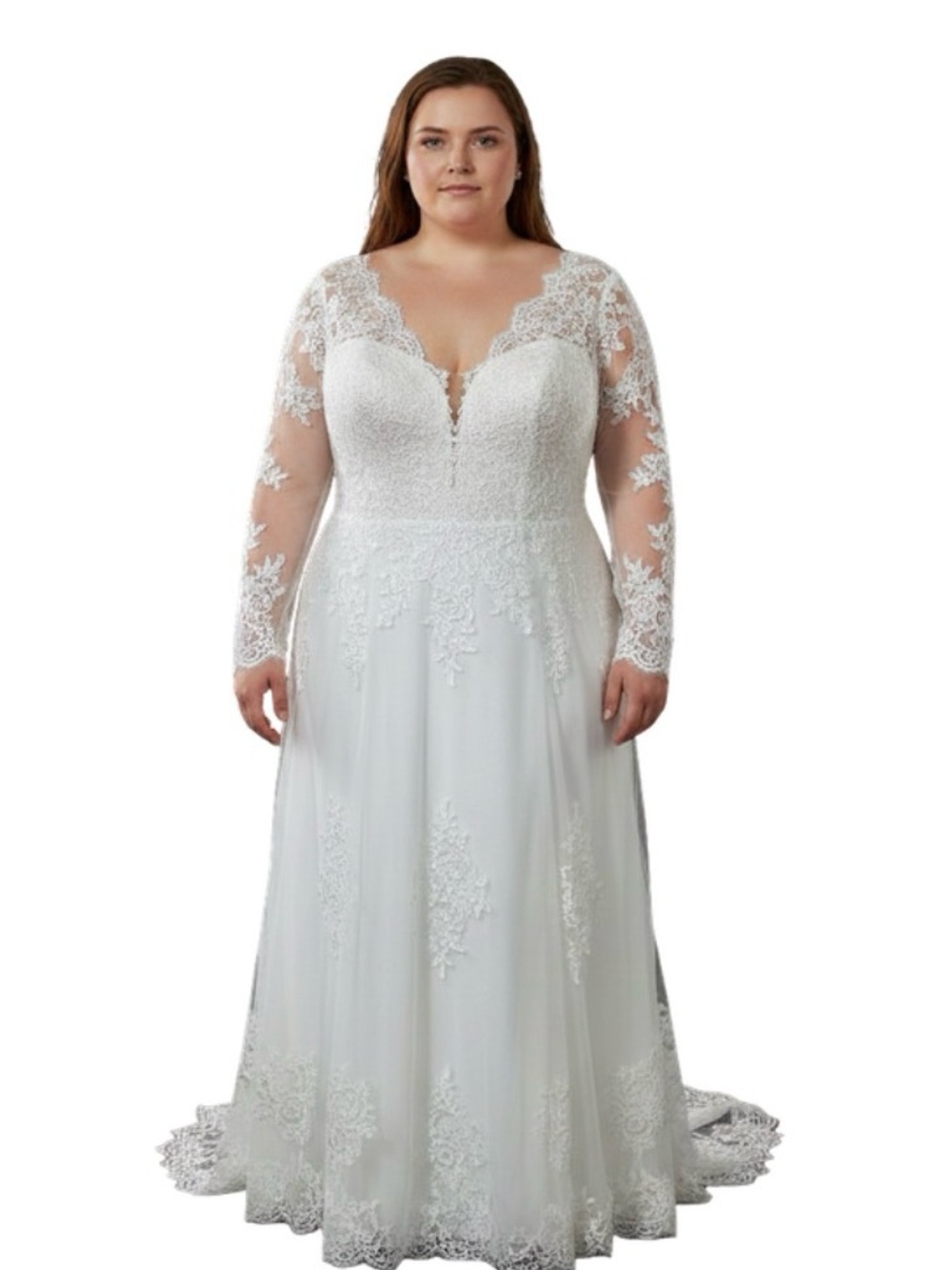 Plus Size White Lace A-Line Long Sleeve Wedding Dress
